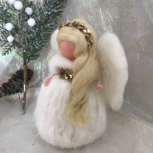 Needle felt Angel tree topper with silky white and golden dress, Christmas decor.