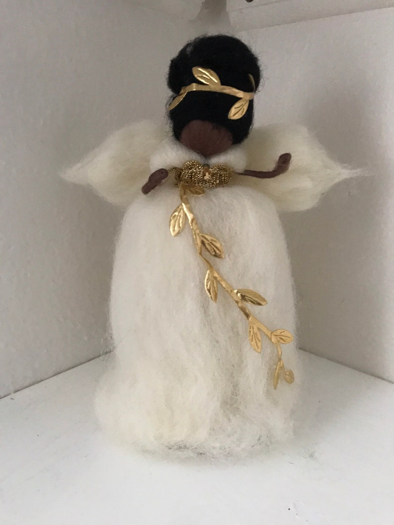 African American Angel Tree Topper in Wool With White and Golden Dress