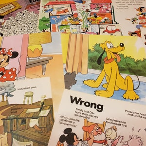 May include: A collection of vintage Disney storybook pages. The illustrations feature characters like Pluto, Minnie Mouse, and Pinocchio. The pages are colorful and depict scenes from various Disney stories, with text and illustrations.