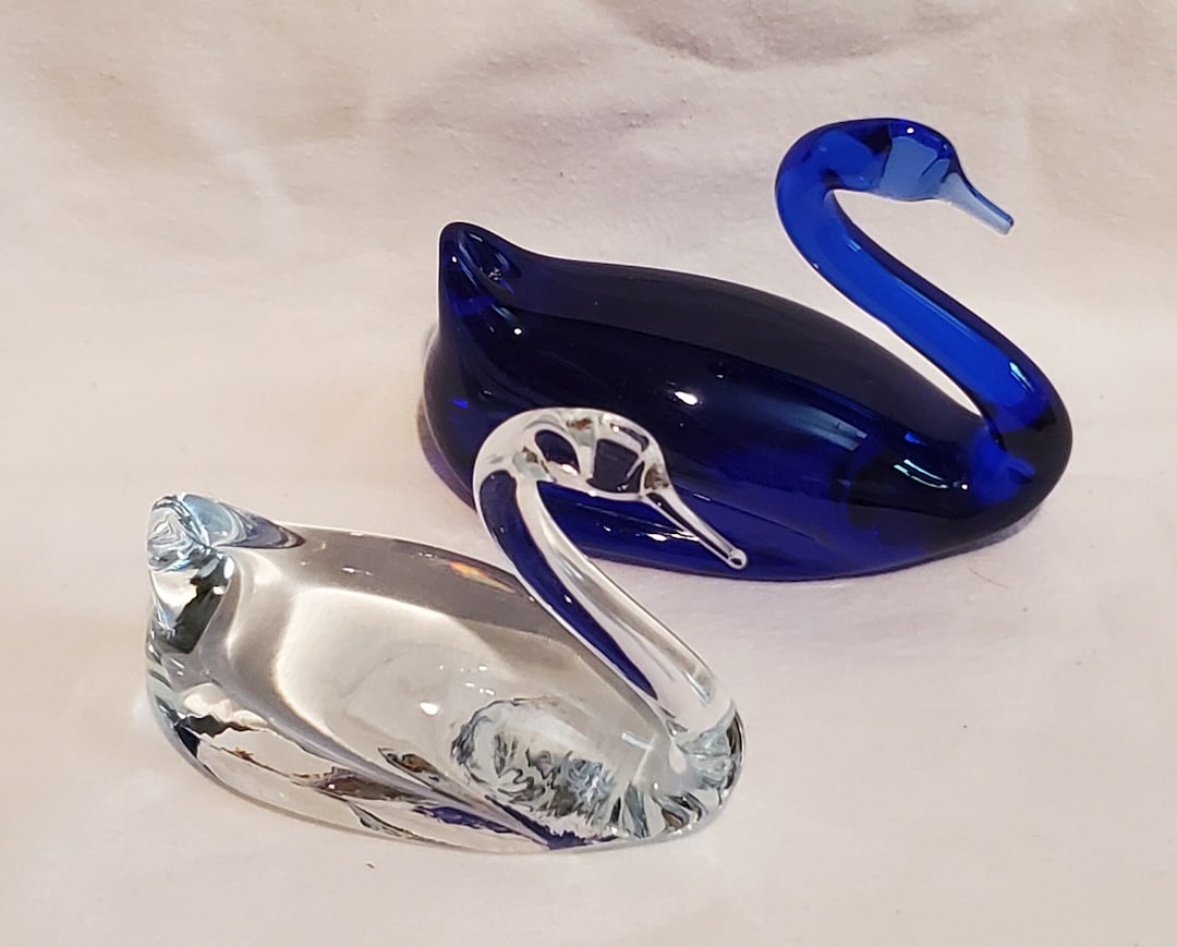 2 Vintage Glass Swans, Cobalt Blue Glass Swan, Clear Glass Swan Etsy