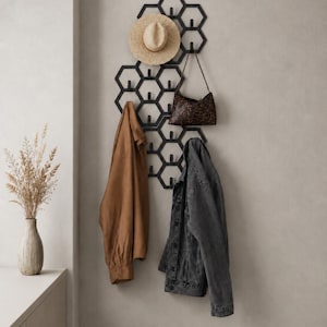 Modular hexagon wall hooks, geometric black metal coat rack, modern entryway organizer