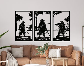 3-piece samurai metal wall art, metal Japanese gift, samurai warrior wall decor, over-the-bed decor, unique gift, triptych wall art