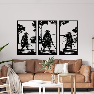 Arte de pared de metal samurái de 3 piezas, regalo japonés de metal, decoración de pared de guerrero samurái, decoración sobre la cama, regalo único, arte de pared tríptico