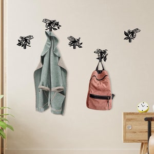 Bee metal wall hooks, set of 5 decorative wall hooks, black key holder, entryway hooks, honey bee decor, birthday gift
