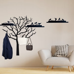 Wall coat rack with floating shelves, metal coat rack wall mount, entryway organizer, shelf with hooks, home wall decor gift, metal art