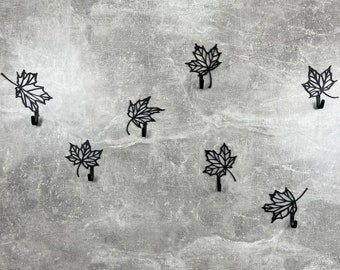 Juego de 7 ganchos de pared con forma de hoja, perchero decorativo negro con forma de hoja, gancho para llaves en la entrada, perchero rústico para sombreros, regalo de cumpleaños para el hogar, soporte para bolsos