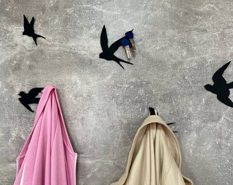 Wall swallow hooks, set of 7 coat hooks unique, bird decor, modern wall hooks, new home gift, decorative hooks, entryway organizer