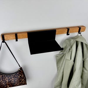 Perchero de entrada ajustable con estante, moderno perchero de madera y metal, portallaves de pared, perchero de pared para sombreros, organización de almacenamiento