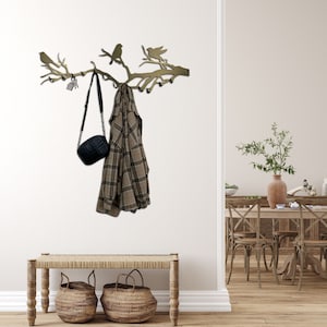 Bronze metal tree coat rack with birds, metal branch hook, birds wall decor, entryway organizer, clothes hanger, tree branch wall art