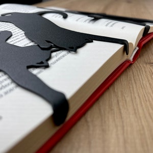 Pu&ograve; includere: Un segnalibro in metallo nero a forma di due gatti rannicchiati. Il segnalibro &egrave; inserito in un libro con una copertina rossa.