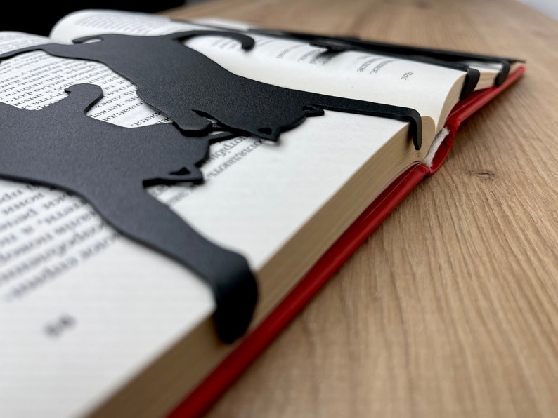 Pu&ograve; includere: Un segnalibro in metallo nero a forma di due gatti rannicchiati. Il segnalibro &egrave; inserito in un libro con una copertina rossa.