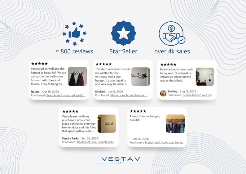 May include: Image showcasing customer reviews for a home decor product. The image includes a star seller badge, a review count of approximately 800, and over 4,000 sales. The reviews highlight the product's quality and ease of installation.