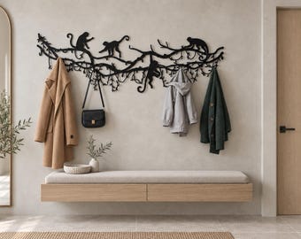 Monkey coat rack, metal wall hooks for entryway, black tree branch coat hanger
