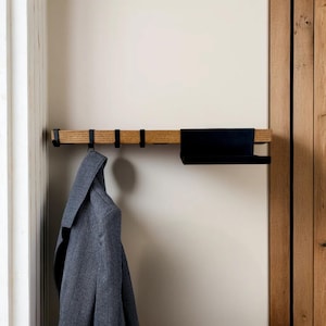 Minimalist wooden coat rack with metal hoooks and shelf, wall clothes hanger, farmhouse entryway hat rack, storage organization, home gift