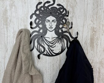 Gothic black metal hooks, medusa gorgon coat rack, greek mythology wall decor, key holder