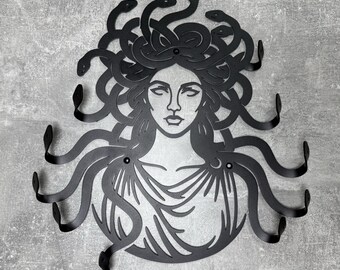 Medusa gorgon key holder for wall, black metal snake hair hooks, coat rack wall mount