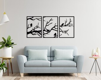 Metal tree wall decor, metal wall art, bedroom wall decor, metal bird art, metal triptych home decor, living room decor, housewarming gift