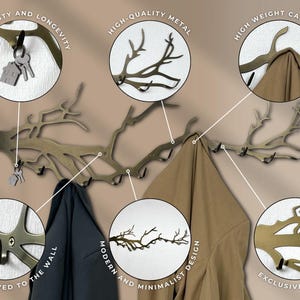 May include: A bronze-colored metal wall-mounted coat rack in a branch design. The rack has multiple hooks and is holding a dark blue coat and a tan coat. The image highlights the rack's versatility, high-quality metal, and modern design.