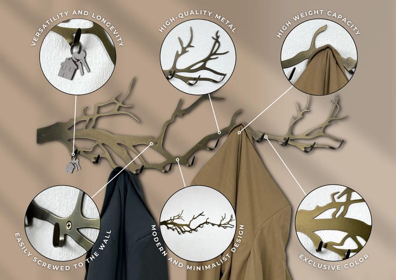 May include: A bronze-colored metal wall-mounted coat rack in a branch design. The rack has multiple hooks and is holding a dark blue coat and a tan coat. The image highlights the rack's versatility, high-quality metal, and modern design.