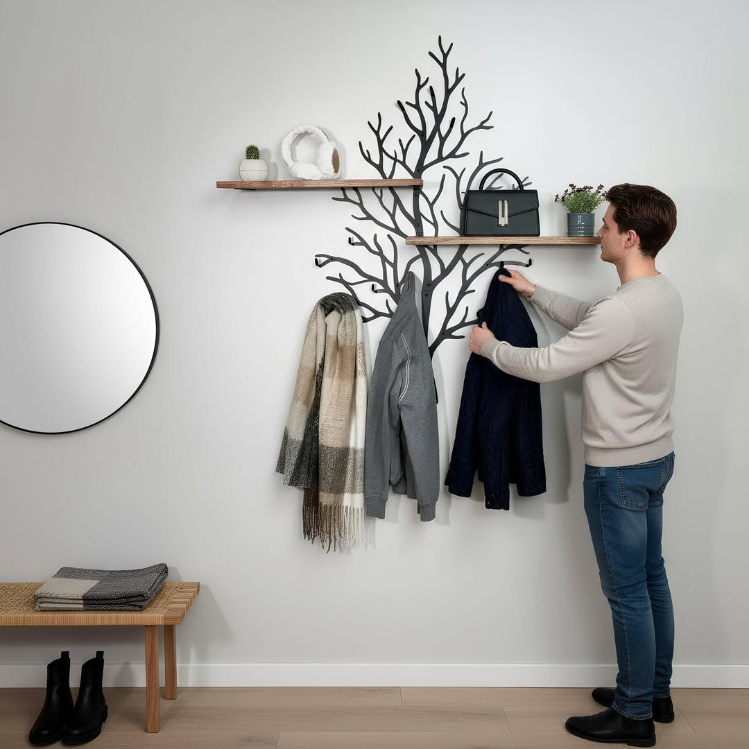 Tree Shaped Coat Rack and Wood Shelf, Wall Hanger, Entryway Decor ...