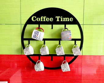 Wall mounted mug rack, personalized mug holder, metal storage display organizer for coffee mugs, metal cup holder, mothers day gift for home