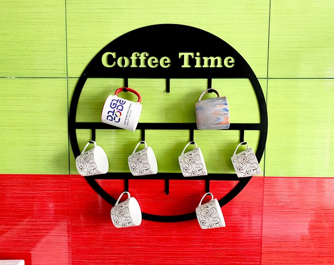 Wall mounted mug rack, mug holder, metal storage display organizer for coffee mugs, metal cup holder