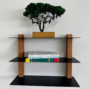 Bedroom wall shelf, metal and wood book shelf, minimalist living room shelf, office organization, entryway decor, modern tiered wall shelf