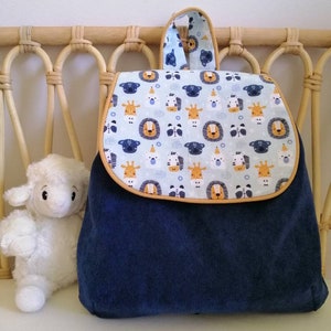 Maternal backpack or nursery in navy blue velvet and poplin jungle animals customizable made in france