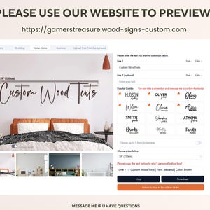 May include: A website screenshot displaying a mockup of a custom wood sign with the text "Custom Wood Texts". The website offers a range of fonts, sizes, and colours for the signs. The website also includes a section for popular names, such as Hudson, Oliver, and Alice.