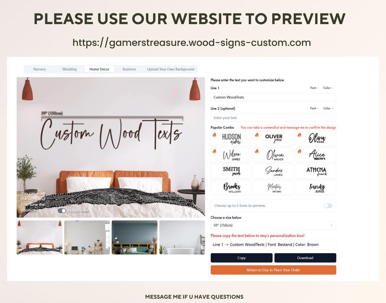 May include: A website screenshot displaying a mockup of a custom wood sign with the text "Custom Wood Texts". The website offers a range of fonts, sizes, and colours for the signs. The website also includes a section for popular names, such as Hudson, Oliver, and Alice.
