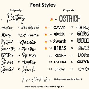 May include: A chart displaying 30 different font styles, categorised as "Caligraphy" and "Corporate". Each font style is numbered and shown in a sample word.