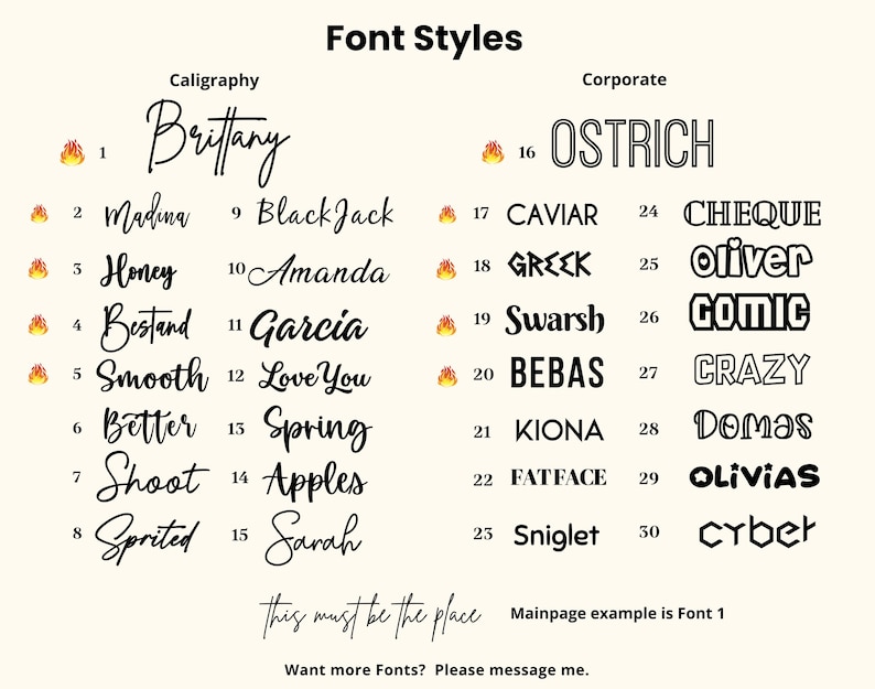 May include: A chart displaying 30 different font styles, categorised as "Caligraphy" and "Corporate". Each font style is numbered and shown in a sample word.