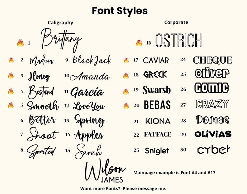 Puede incluir: Una lista de diferentes estilos de fuente con nombres y n&uacute;meros. El texto "Mainpage example is Font #4 and #17" est&aacute; en la parte inferior de la imagen.