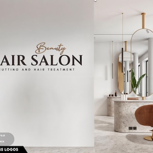 May include: A white wall with a black and brown logo that reads "Beauty Hair Salon Cutting and Hair Treatment". The logo is in a modern font. The image also shows a salon interior with a brown leather chair and two large mirrors.