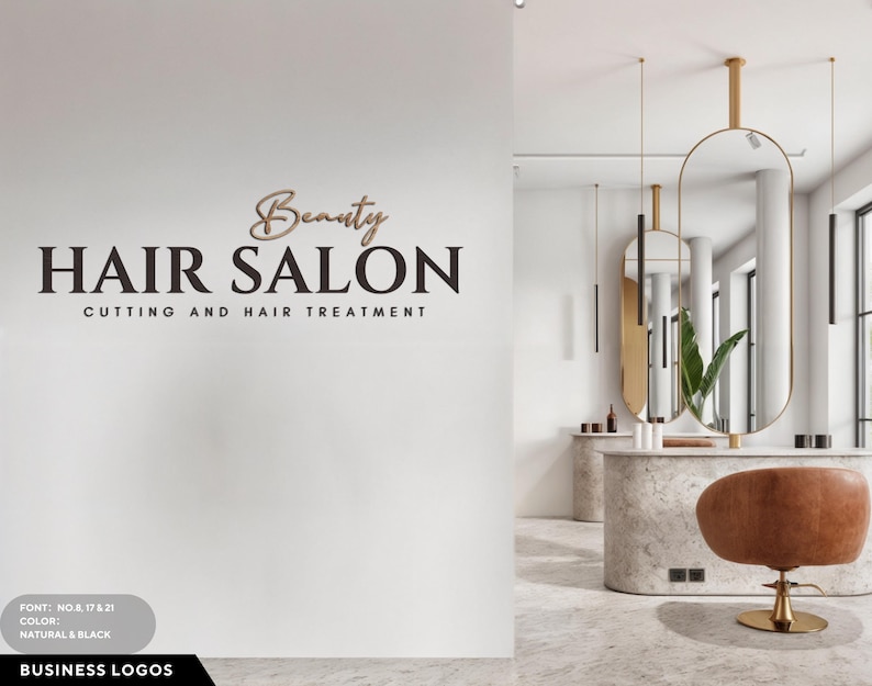 May include: A white wall with a black and brown logo that reads "Beauty Hair Salon Cutting and Hair Treatment". The logo is in a modern font. The image also shows a salon interior with a brown leather chair and two large mirrors.