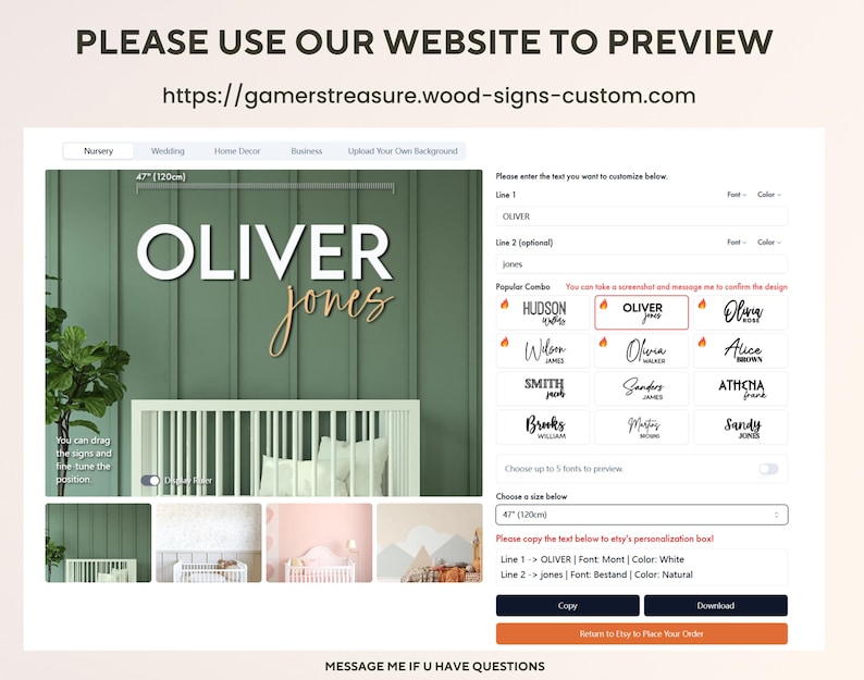 Puede incluir: Una captura de pantalla de un sitio web que muestra un letrero de madera personalizable con el texto "OLIVER Jones" en fuente blanca sobre un fondo verde. El sitio web permite a los usuarios elegir la fuente, el color y el tama&ntilde;o del letrero. El sitio web tambi&eacute;n incluye una secci&oacute;n para combinaciones de nombres populares.