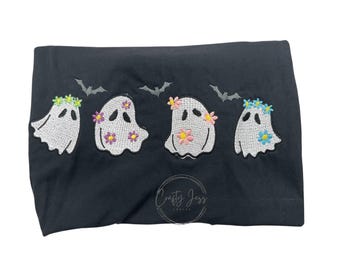 Chemise fantôme brodée - T-shirt d'Halloween effrayant et mignon avec couronnes de fleurs