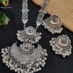 Antique silver oxidised Jewelry, Boho Necklace and Earring set,Tribal Indian jewelry, Long Necklace ,german silver Haram set, Free shipping