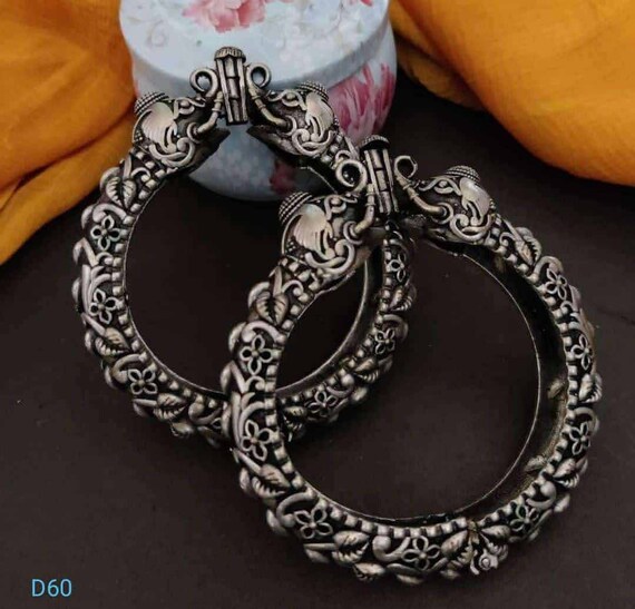 Elephant Style Oxidized Openable Kada, Vintage Indian Bangle, Boho 