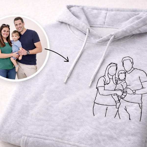 Personalisierter Hoodie mit Foto Stickerei | Familien Portrait Line Art | Geschenk für Papa Mama Paar & Haustier möglich Sweatshirt T-Shirt