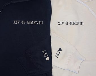 Roman numeral personalized anniversary hoodie couple gifts, birthday wedding husband wife initials Christmas gift ideas sleeve