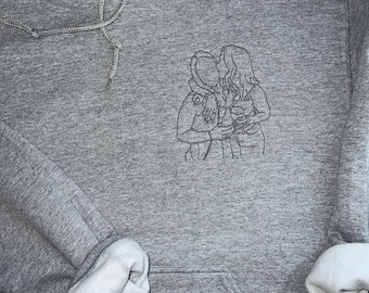 Personalisierter bestickter Hoodie mit Fotostickerei | Partner Hoodie | Outline bestickt | Line Art Foto | Geburtstagsgeschenk | Jahrestag