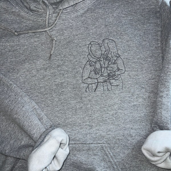 Personalisierter bestickter Hoodie mit Fotostickerei | Partner Hoodie | Outline bestickt | Line Art Foto | Geburtstagsgeschenk | Jahrestag