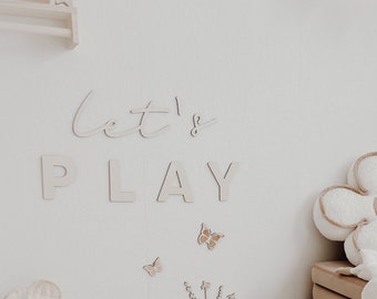 let's play - Schriftzug aus Holz, 3D Wandtattoo, Wanddekoration für Kinder- und Babyzimmer