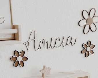 3 Holzblumen - Nussbraun, Gänseblümchen Wanddeko für Kinderzimmer und Babyzimmer