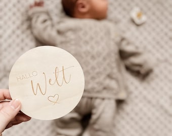 Hello World Wooden Milestone Card | Baby Birth Photo Prop | Newborn Wooden Sign | Gift for Birth & Baby Shower