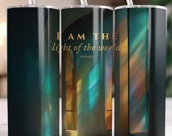 Stained Glass Tumbler Wrap, John 8:12 Light of the World, Christian Sublimation PNG