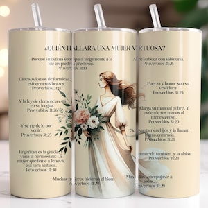 May include: A set of three beige stainless steel tumblers with clear straws. Each tumbler features a different side of a watercolor illustration of a woman in a white dress holding flowers. Text in Spanish is printed on the tumblers.