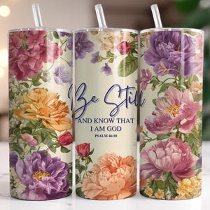 Floral Psalm 46:10 Tumbler Wrap – Christian Sublimation Design (PNG)