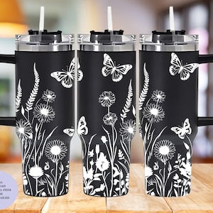 Butterfly Tumbler Laser Engrave SVG Wildflower Full Wrap Design for 40oz Tumbler Digital Download Seamless Design SVG and PNG For Rotary